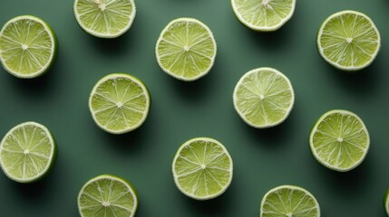 Fototapeta premium A flat lay of lime slices arranged in a repeating pattern on a green background.