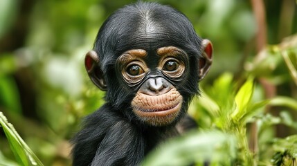 A playful bonobo in the jungle, captured in a natural habitat, showcasing its curiosity and agile movement among lush green trees and dense foliage. The bonobo exudes a sense of freedom and exploratio