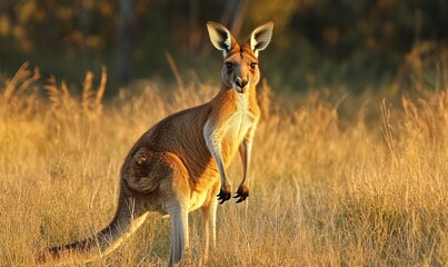 Portrait of a wild female red kangaroo (Macropus rufus) at dawn