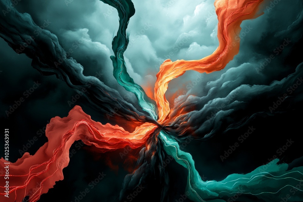 Poster cyber warfare is represented in a soft watercolor painting, with abstract, flowing lines of data str