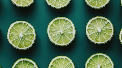 Fototapeta premium A flat lay of lime slices on a teal background.