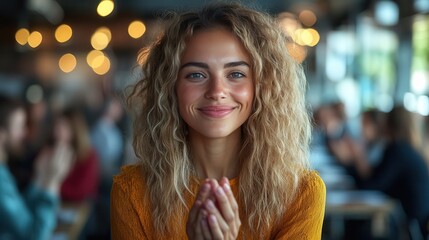 Fototapeta premium Happy Woman with Curly Hair in Cozy Café Setting
