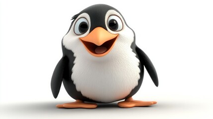 Obraz premium A cute cartoon penguin with big eyes and an open beak, standing on a white background.