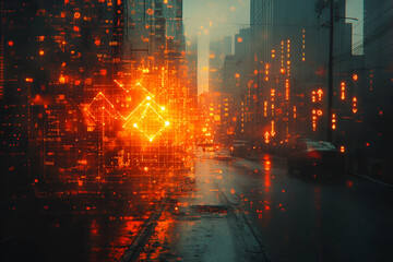 Fototapeta premium A city street with a car driving down it. The street is lit up with bright orange lights