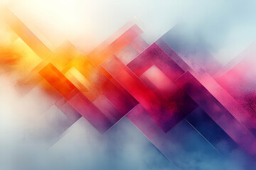 A colorful abstract painting with a blue and pink background. The painting is made up of squares and triangles in various colors. The overall mood of the painting is vibrant and energetic