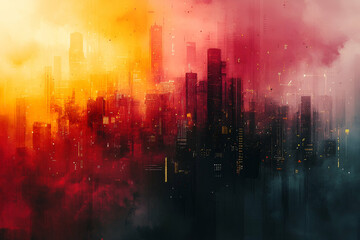 Fototapeta premium A cityscape with a red and orange sky. The city is lit up at night, creating a moody and dramatic atmosphere