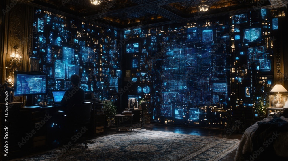 Poster A Person Sitting in Front of a Wall of Computer Screens with Blue Interfaces