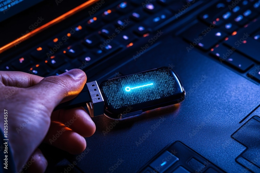 Poster Cybersecurity trainee holding a USB stick with a single line of command code on the screen, symbolizing the essence of ethical hacking