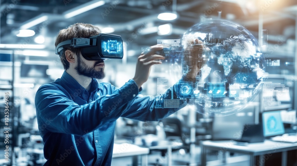 Leinwandbilder man wearing vr headset interacting with a holographic globe in a futuristic factory setting