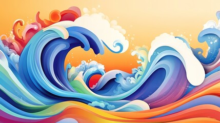 Vibrant and colorful bright waves illustration in a modern, abstract style. Dynamic flow of colorful waves with bold gradients and smooth curves, perfect for contemporary design, digital art, 
