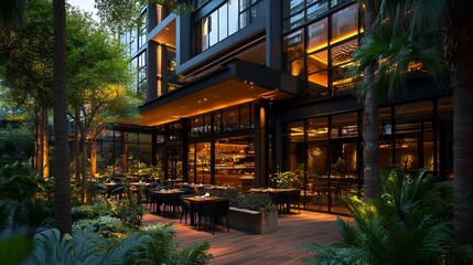 Obraz premium a restaurant with a lot of tables and chairs outside of it at night time with lights on the windows