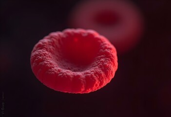 Fototapeta premium A close-up of a red blood cell floating on a dark background, showcasing its distinctive biconcave shape and texture, with fine details of its membrane visible create with ai
