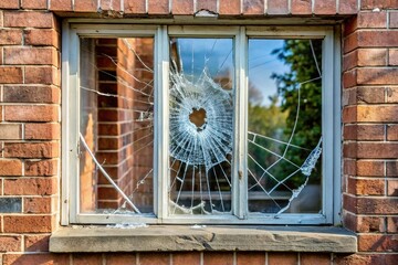 Broken window caused by burglar breaking in to premises to steal Wide-Angle