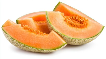 Fresh Slices of Juicy Cantaloupe Melon on White Background