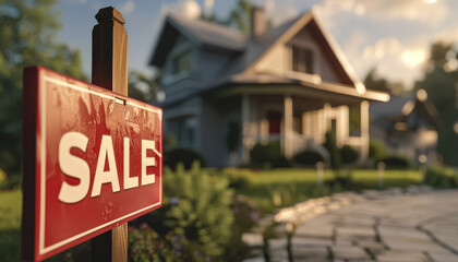 Obraz premium House with a red sign that says For Sale on it. The house is surrounded by trees and there is a street lamp in the background