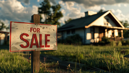 Obraz premium House with a red sign that says For Sale on it. The house is surrounded by trees and there is a street lamp in the background