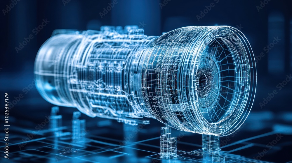 Aufkleber wireframe model of a jet engine with a blue glow