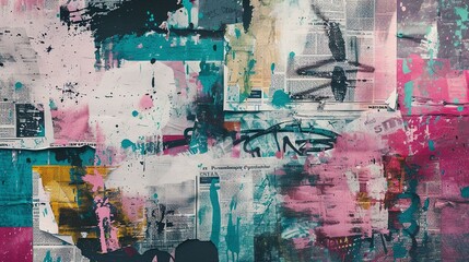Fototapeta premium Abstract Urban Collage of Torn Posters, Paint Splatter, and Graffiti