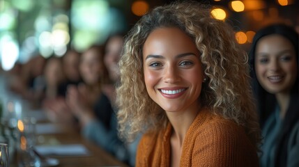 Joyful woman smiles at event with blurred background