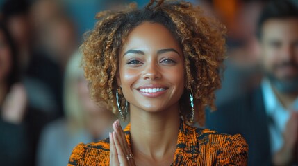 Joyful woman clapping in a crowd during an event