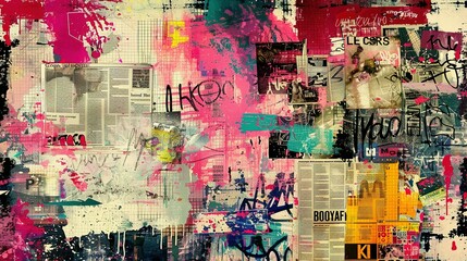 Fototapeta premium Abstract Collage of Newspaper Clippings, Paint Splatter, and Graffiti