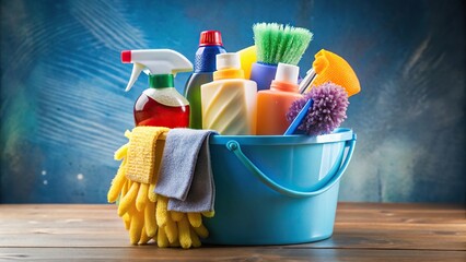 Bucket with cleaning items bottles spray sponge brush gloves Macro