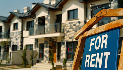 Obraz premium Blue sign that says For Rent is hanging on a wooden post. The sign is in front of a large building with a lot of windows