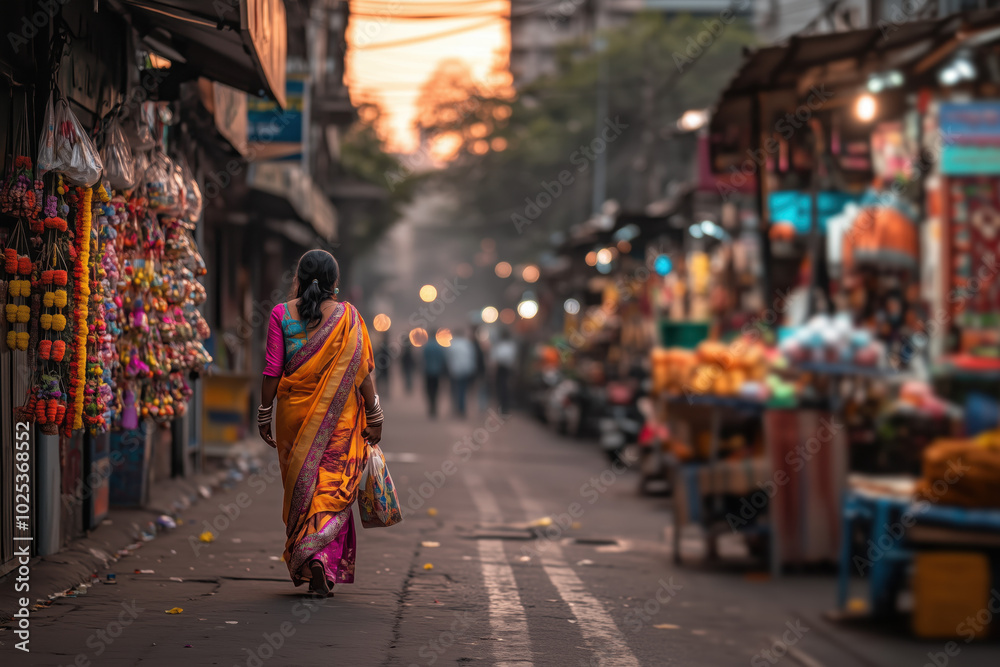 Wall mural indian woman in sari walks through the city of mumbai.