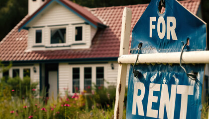 Obraz premium Blue sign that says For Rent is hanging on a wooden post in front of a house. The house is a small, white home with a red roof. The sign is placed in the front yard