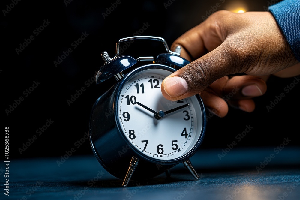 Poster detailed close-up of a personâ€™s hand turning off an alarm clock at 5 am, showing the soft light of