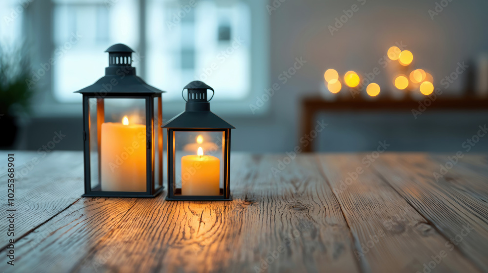 Poster Two burning lanterns illuminating an empty wooden table with fairy lights in the background