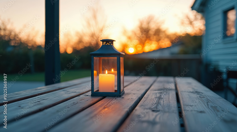 Poster candle lantern is burning on a rustic wooden table as the sun sets in the background