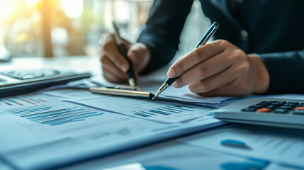 Person working with documents on desk, accountant checking company budget accounting documents