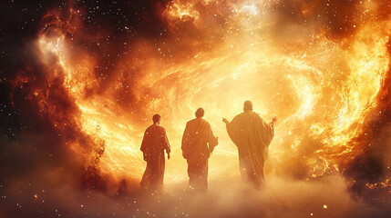 Shadrach, Meshach, and Abednego in the fiery furnace, depicted within a swirling nebula, highlighting their faith amidst trials