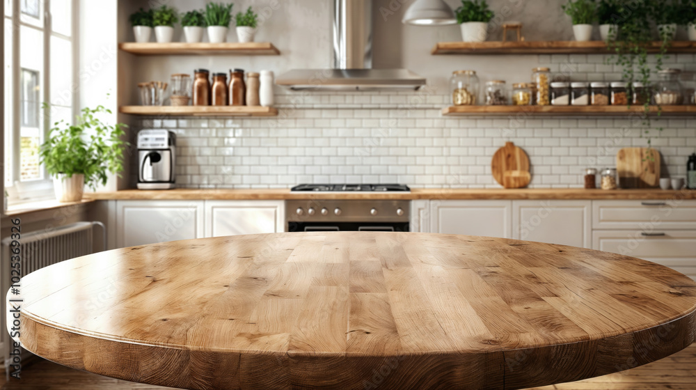 Wall mural Empty round wooden tabletop with blurred kitchen background