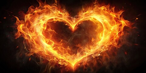 Burning celestial heart radiating luminous flames reflected