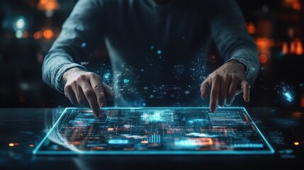 Hands Interacting with Futuristic Holographic Interface