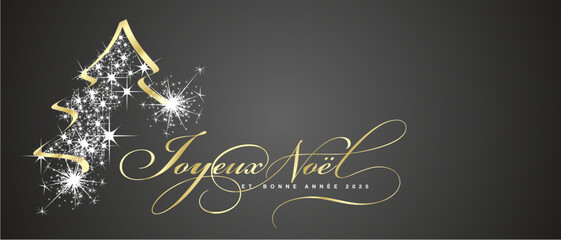 Merry Christmas and Happy New Year 2025 French language beautiful golden white light elegant brush script calligraphy typography with glitter sparkle Christmas tree black background greeting card