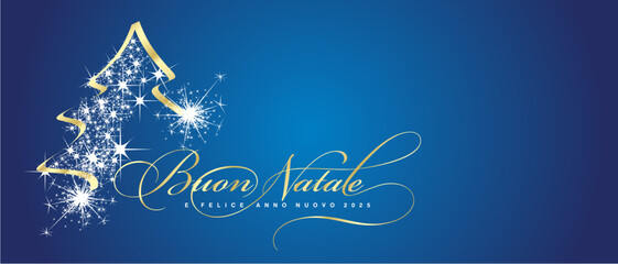 Merry Christmas and Happy New Year 2025 Italian language beautiful golden white light elegant brush script calligraphy typography with glitter sparkle Christmas treblue background greeting card