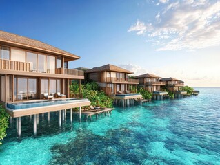 Fototapeta premium Overwater Villas with Private Pools and Lush Greenery
