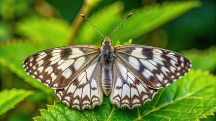 Obraz premium Butterfly Melanargia galathea on green leaf