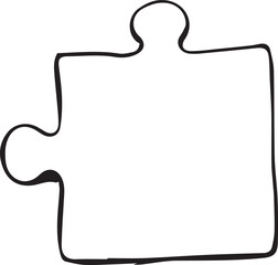simple black and white hand-drawn puzzle piece with irregular edges. It is isolated on a white background and could be used as a graphic element in a design project.