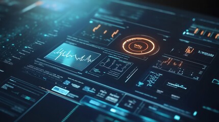 Obraz premium Futuristic Interface with Glowing Blue and Orange Data Displays