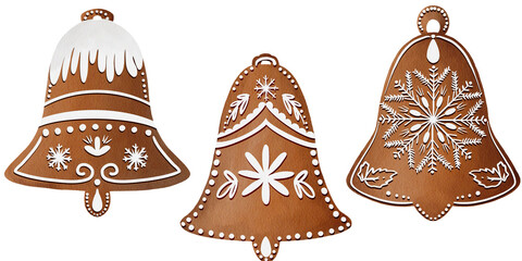 Gingerbread Cookies Christmas Bell . Hand drawn Watercolor textured illustration isolated on transparent background.