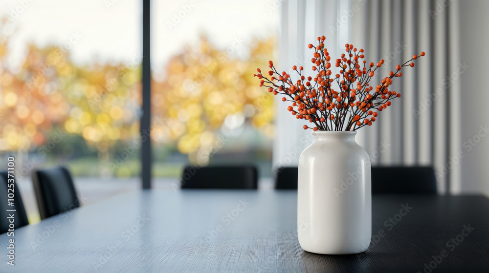Aufkleber white vase with orange berries standing on a table is illuminating an empty room