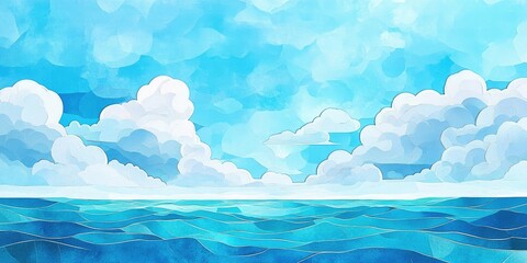 Panoramic view of a vibrant blue sky filled with fluffy clouds above a sea with shades of aquamarine High-resolution coastal landscape, Coastal Landscape with Blue Sky and Fluffy Clouds
