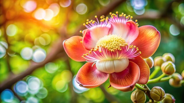 Cannonball flower or Sal Tree with blurred leaves background panoramic