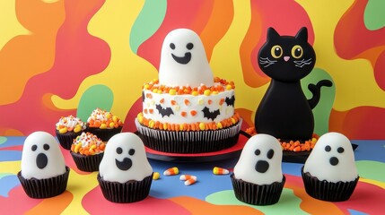 Fototapeta premium A festive Halloween-themed dessert display featuring ghost cupcakes and a spooky cat decoration.