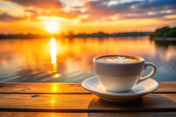 Obraz premium Cappuccino mug with cream against a sunset backdrop