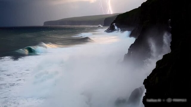 the Intense Rain Showers Over Dramatic Cliffs: Explore the stunning sight of intense rain showers cascading over dramatic cliffs, where waterfalls burst forth, showcasing nature's raw power.